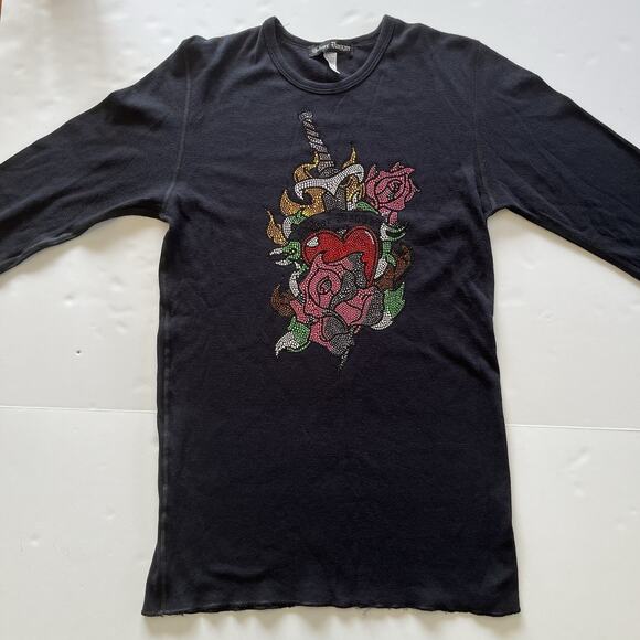 Vtg Y2K Black Crystal Embellished Bedazzled Silver Dagger Longsleeve Thermal Top - Picture 1 of 6